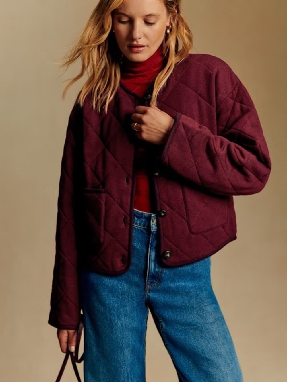 SEZANE Burgundy Maroon Red Merino Wool & Cotton Quilted Celeste Jacket